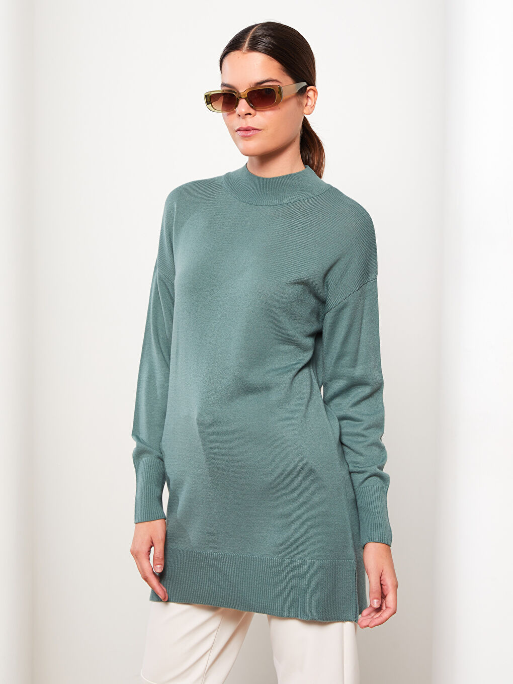 Yeşil Yarım Balıkçı Yaka Düz Uzun Kollu Kadın Triko Tunik-1