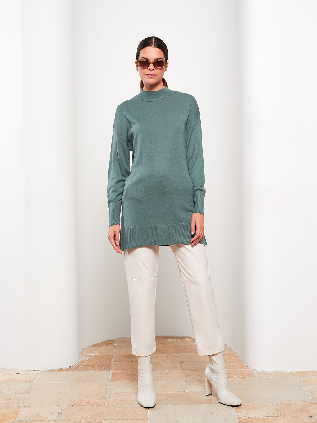 Yeşil Yarım Balıkçı Yaka Düz Uzun Kollu Kadın Triko Tunik-2