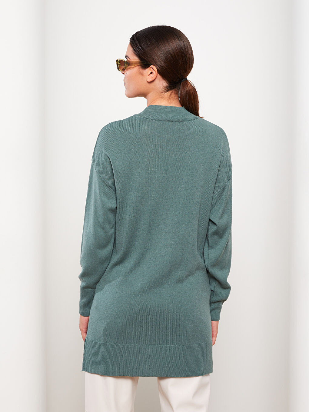 Yeşil Yarım Balıkçı Yaka Düz Uzun Kollu Kadın Triko Tunik-4