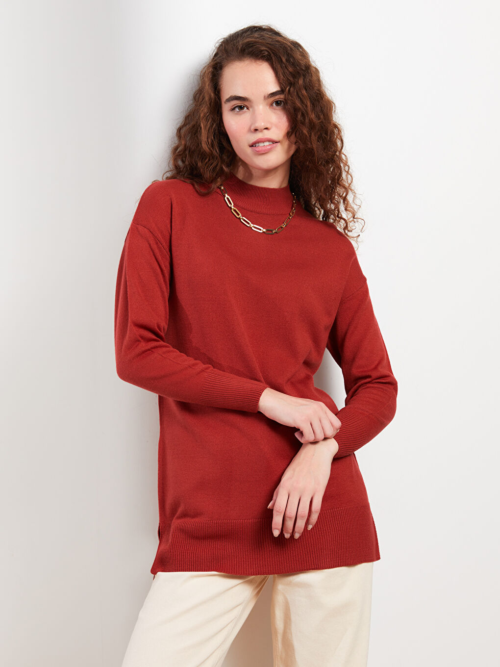 Kırmızı Yarım Balıkçı Yaka Düz Uzun Kollu Kadın Triko Tunik