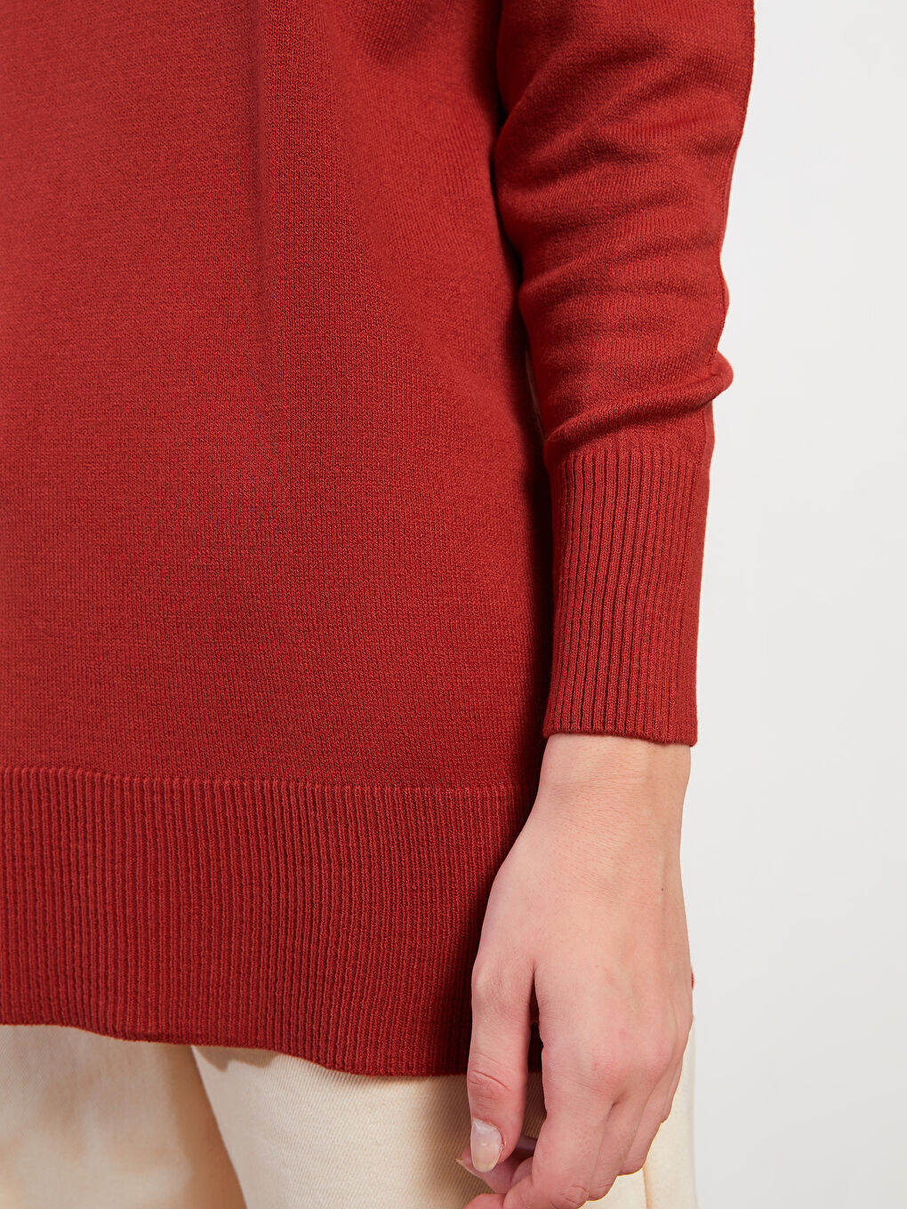 Kırmızı Yarım Balıkçı Yaka Düz Uzun Kollu Kadın Triko Tunik-3