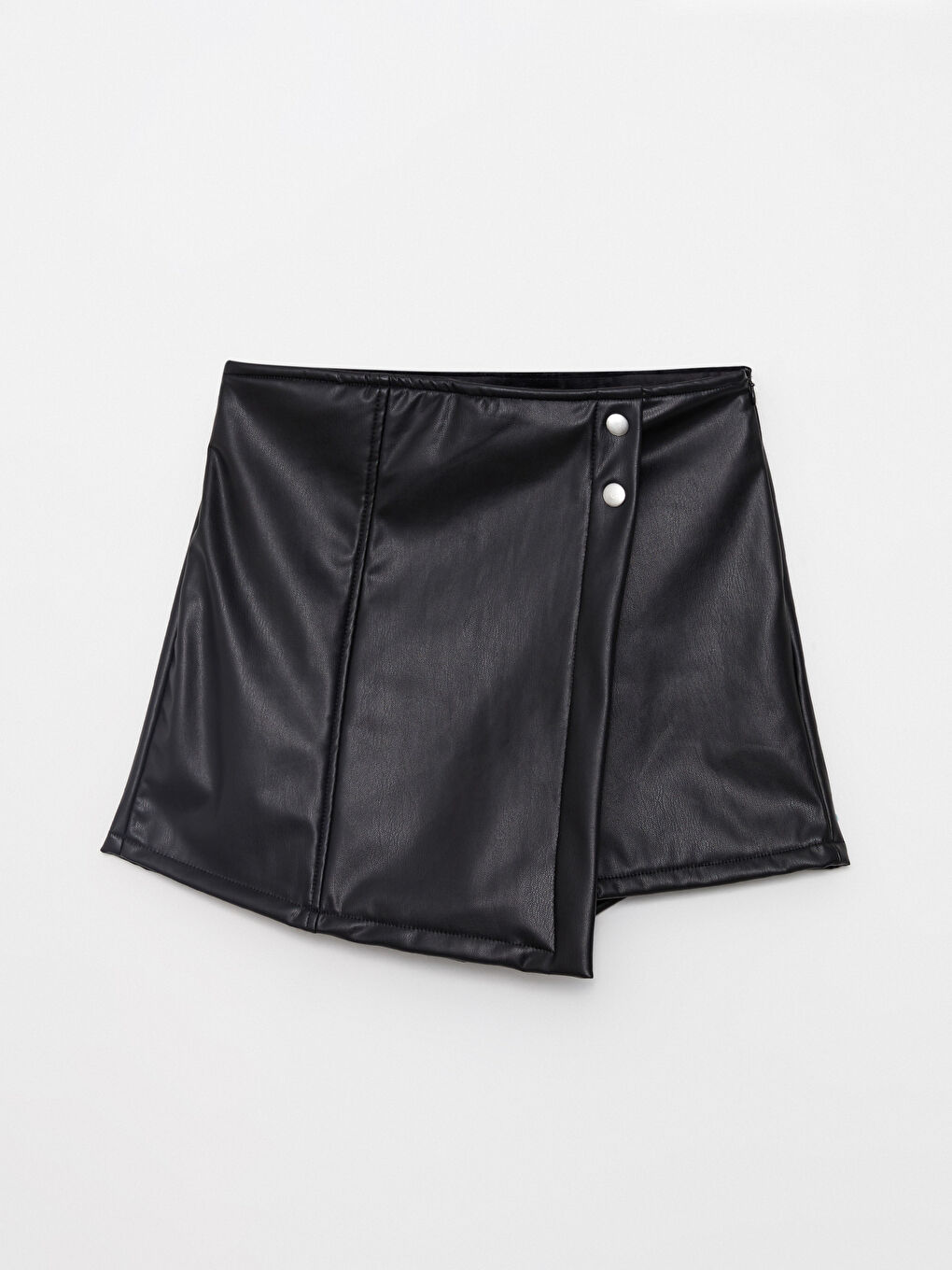 Siyah Kadın Beli Fermuarlı Düz Deri Görünümlü Şort Etek-11