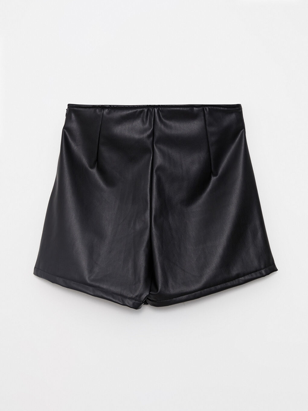 Siyah Kadın Beli Fermuarlı Düz Deri Görünümlü Şort Etek-13