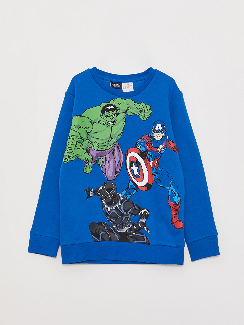 LCW Kids Koyu Mavi Bisiklet Yaka Avengers Baskılı Uzun Kollu Erkek Çocuk Sweatshirt