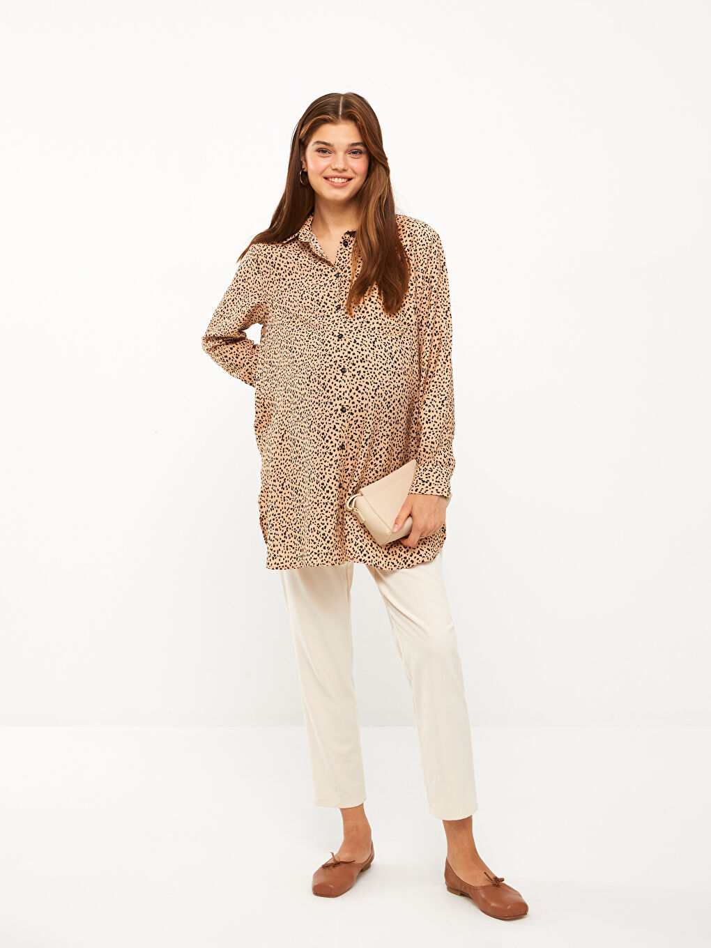 Patterned Long Sleeve Gabardine Maternity Shirt Tunic