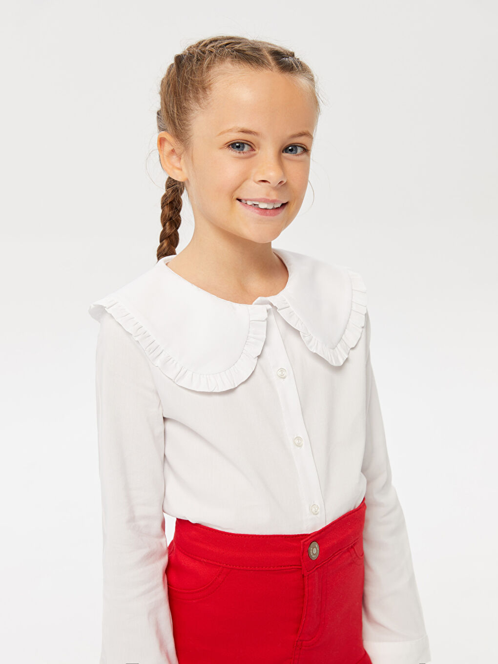 Beyaz Bebe Yaka Basic Uzun Kollu Poplin Kız Çocuk Gömlek-1