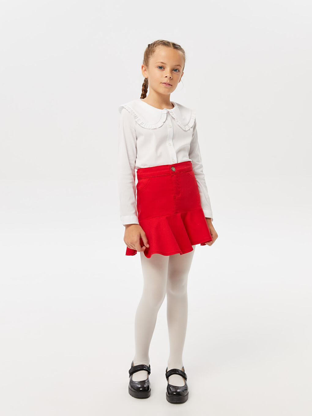 Beyaz Bebe Yaka Basic Uzun Kollu Poplin Kız Çocuk Gömlek-2