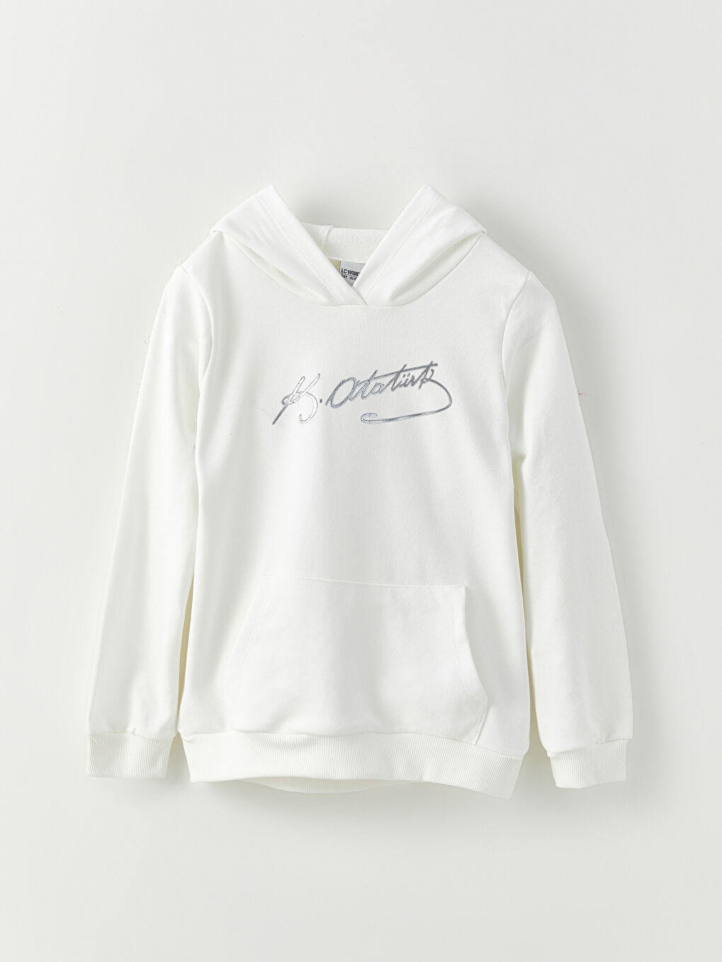 Ekru Kapüşonlu Atatürk İmza Baskılı Uzun Kollu Kız Çocuk Sweatshirt