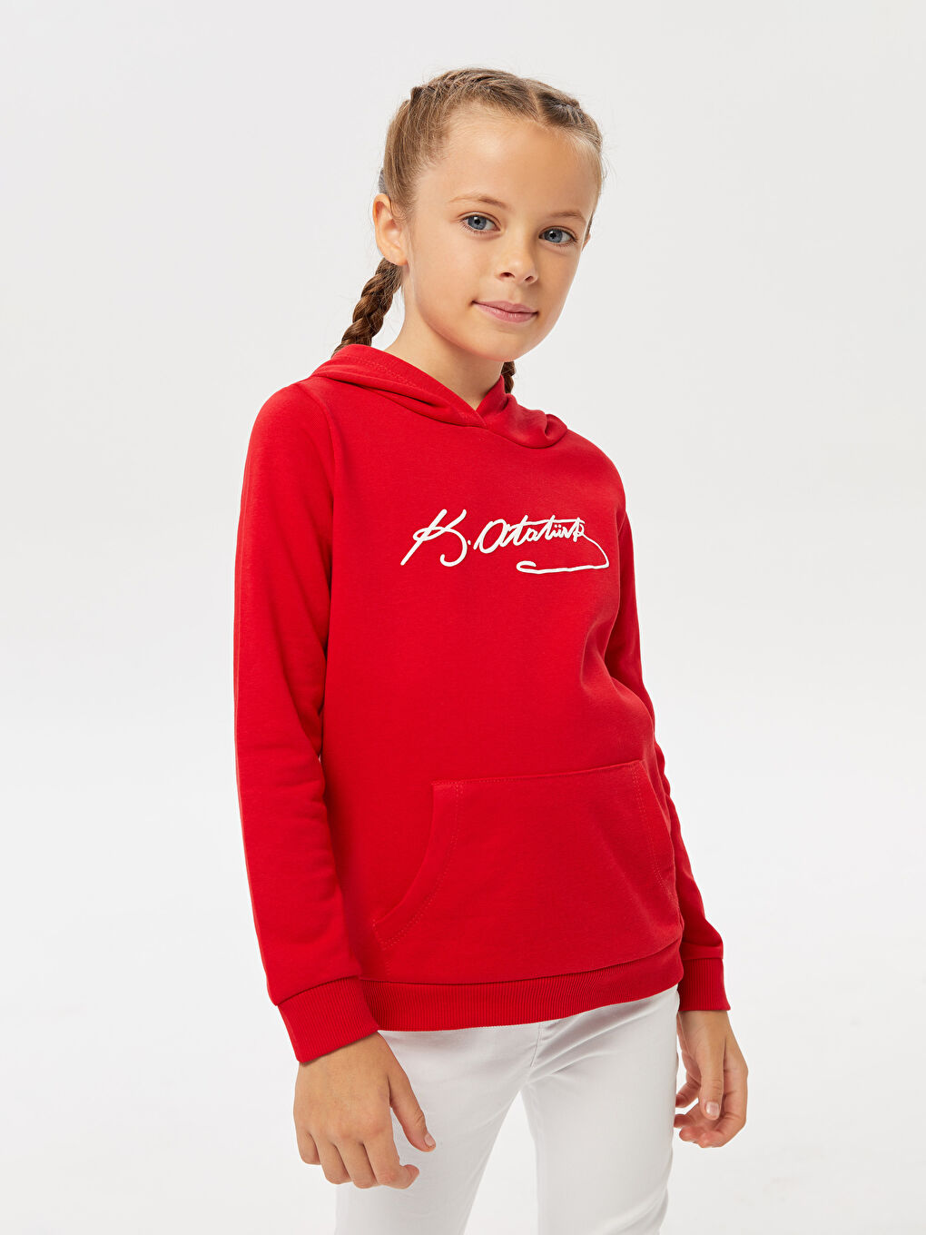 Kırmızı Kapüşonlu Atatürk İmza Baskılı Uzun Kollu Kız Çocuk Sweatshirt-1