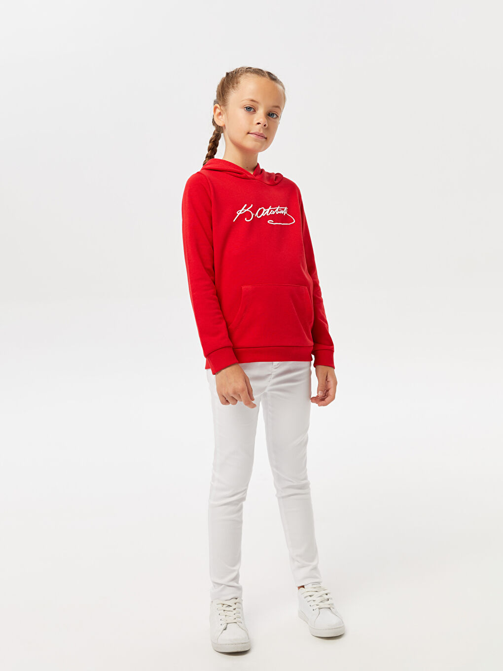 Kırmızı Kapüşonlu Atatürk İmza Baskılı Uzun Kollu Kız Çocuk Sweatshirt-2