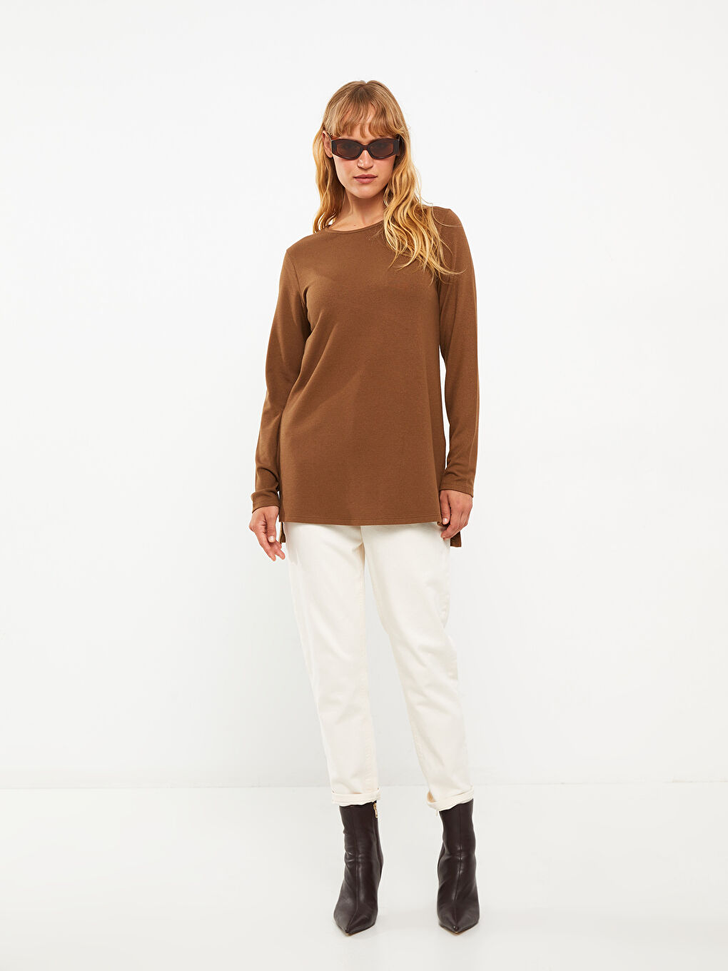 Kahverengi Bisiklet Yaka Düz Uzun Kollu Kadın Tişört