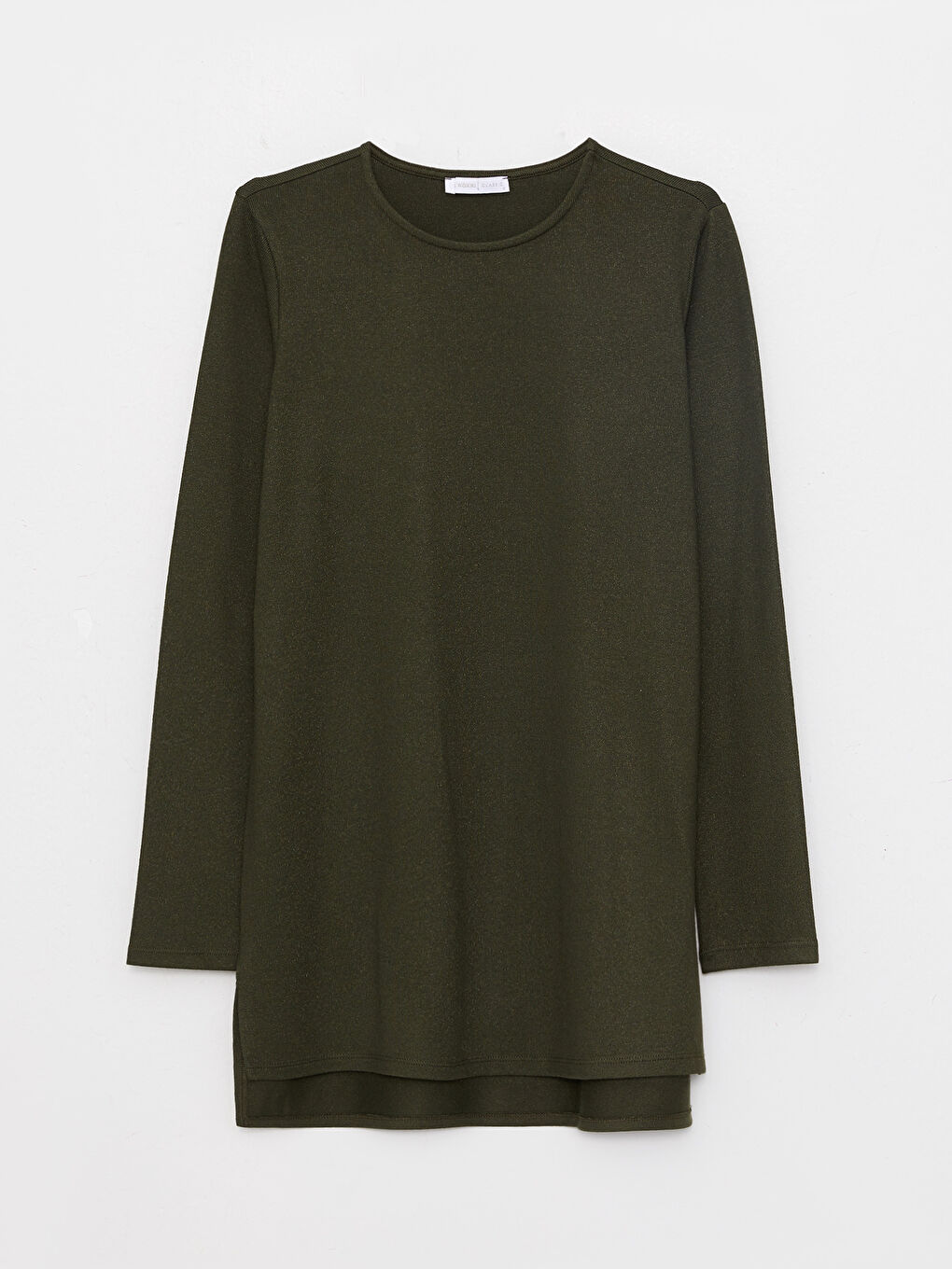 Haki Bisiklet Yaka Düz Uzun Kollu Kadın Tişört-5