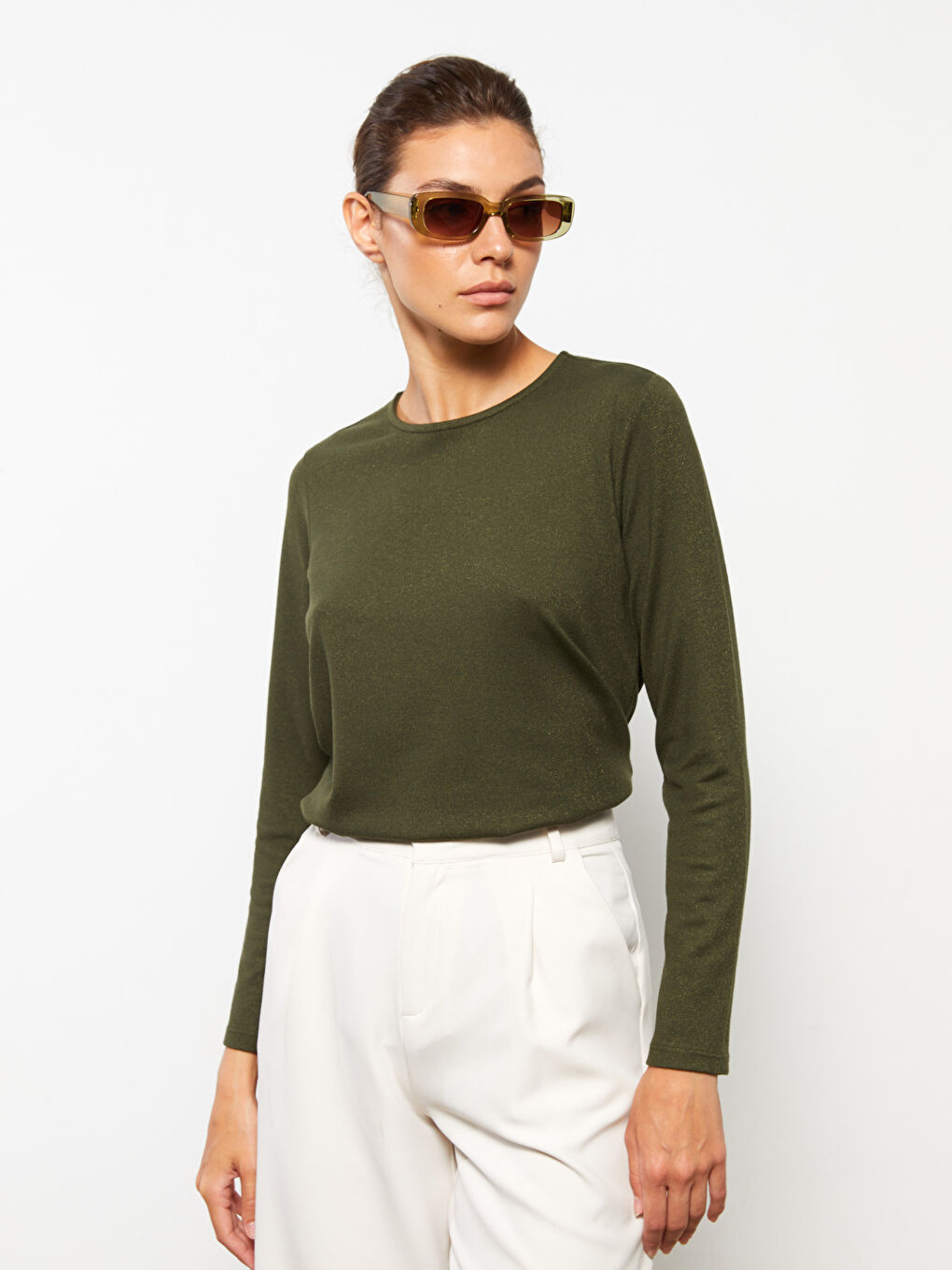 Haki Bisiklet Yaka Düz Uzun Kollu Kadın Tişört-1