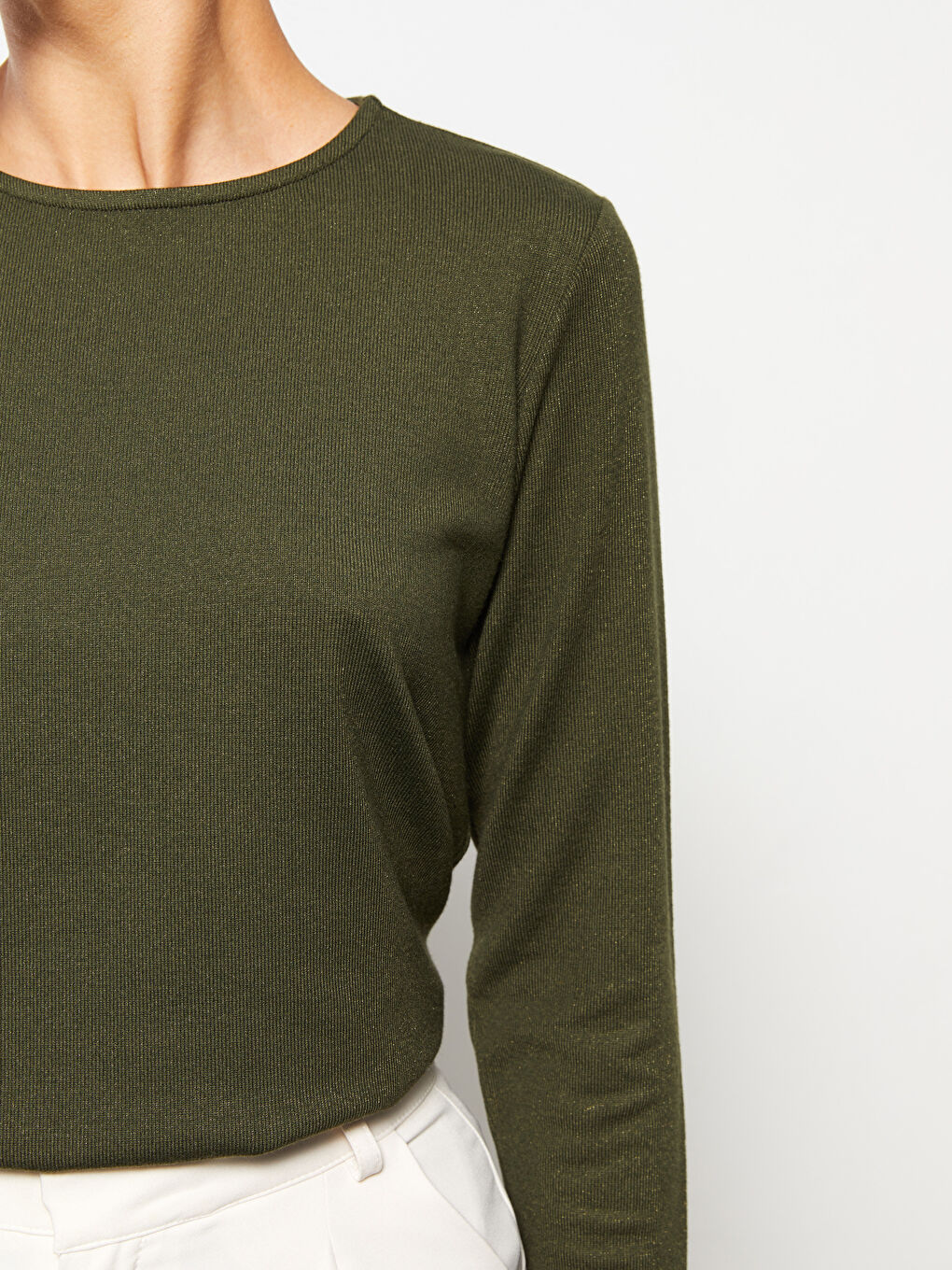 Haki Bisiklet Yaka Düz Uzun Kollu Kadın Tişört-3