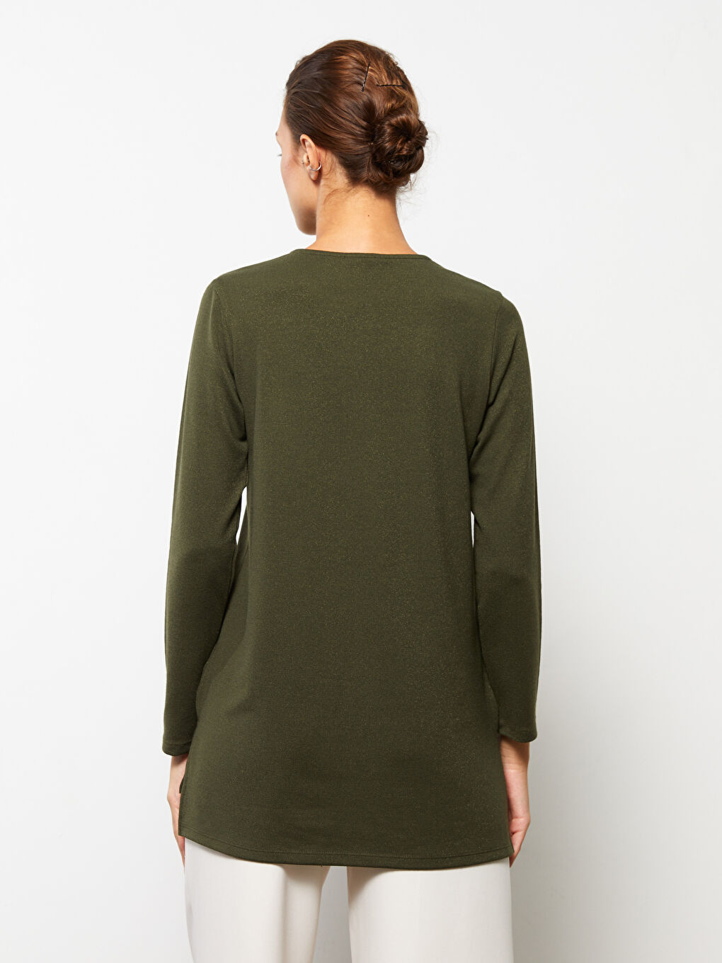 Haki Bisiklet Yaka Düz Uzun Kollu Kadın Tişört-4