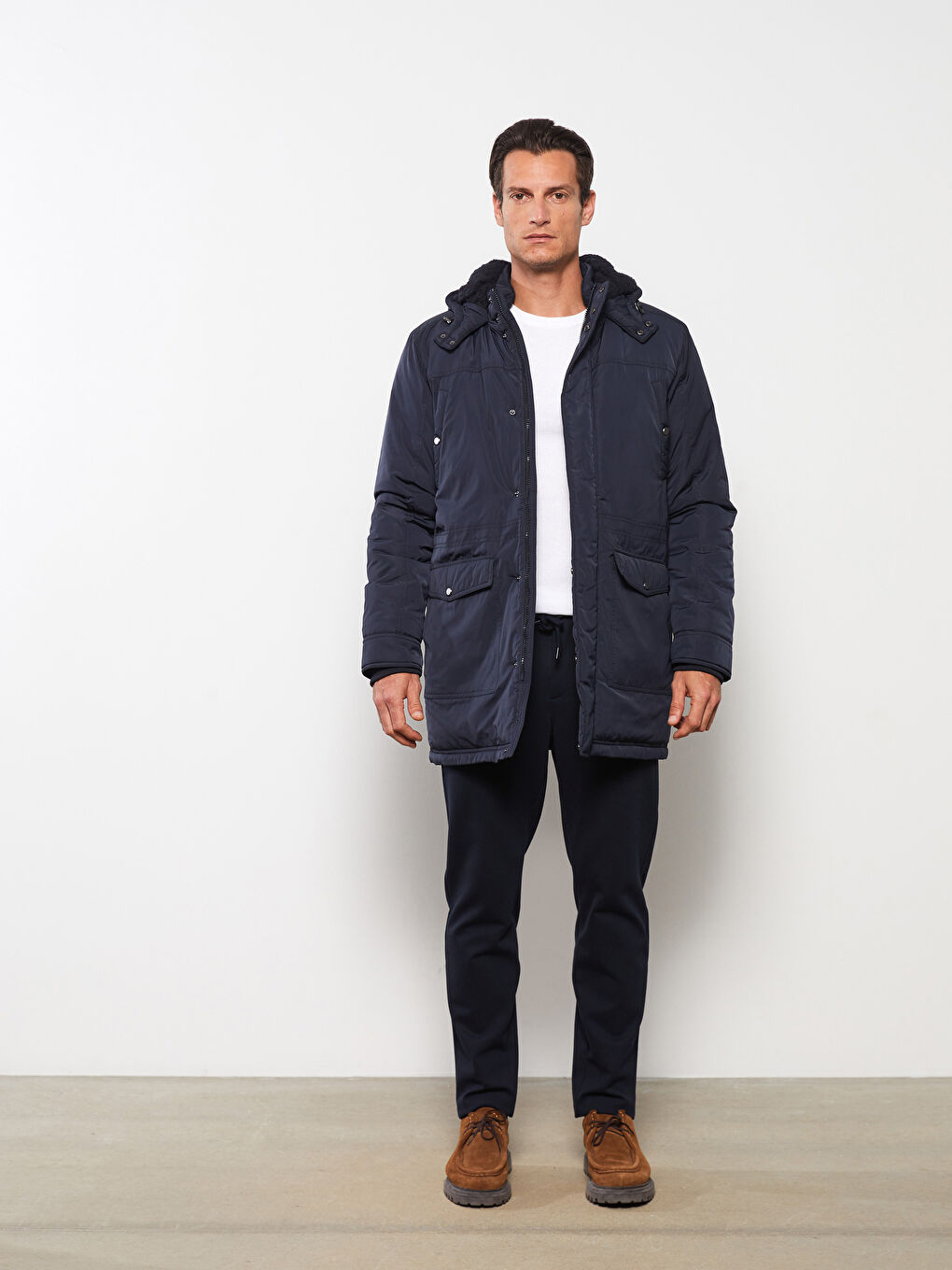 Lacivert Standart Kalıp Kapüşonlu Erkek Mont-1