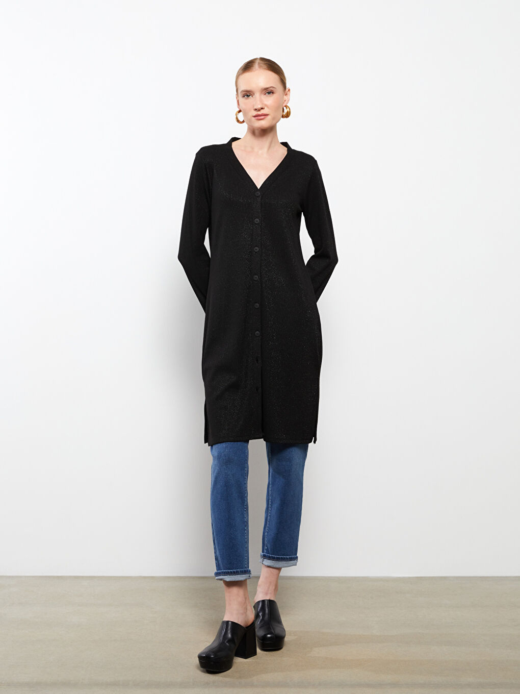 V-Neck Plain Long Sleeve Women's Cardigan-1