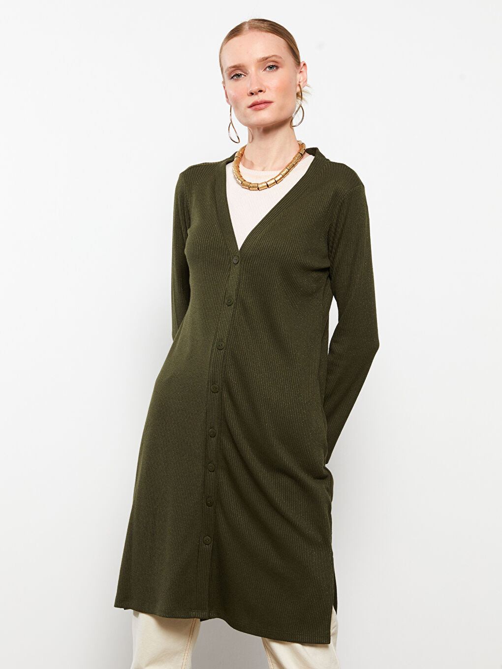 V-Neck Plain Long Sleeve Women's Cardigan