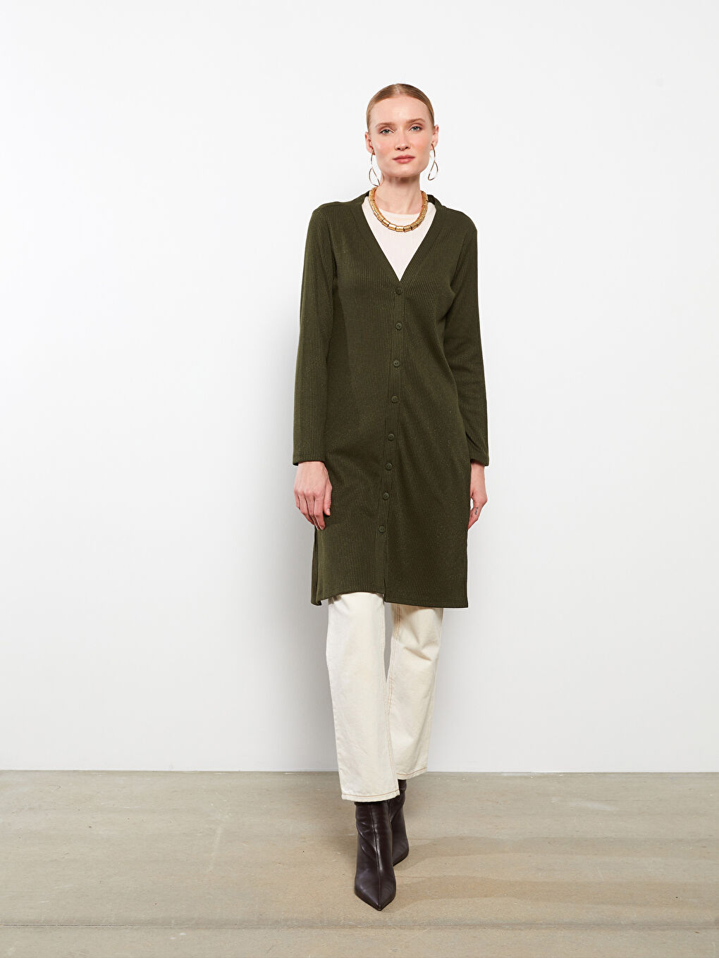 V-Neck Plain Long Sleeve Women's Cardigan-1