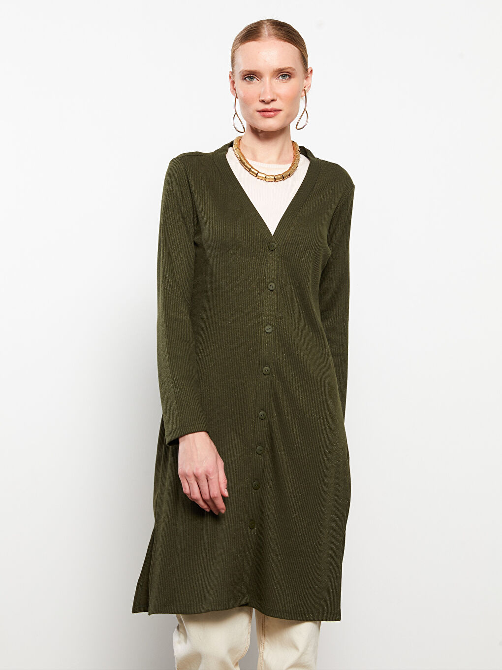 V-Neck Plain Long Sleeve Women's Cardigan-2