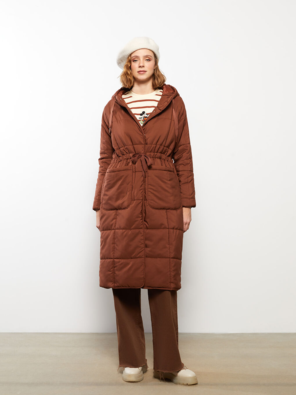 Kahverengi Kadın Kapüşonlu Düz Parka-1