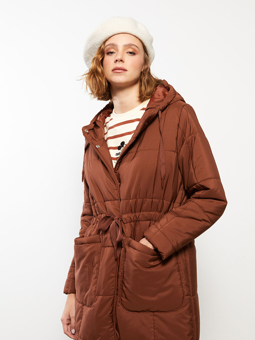 Kahverengi Kadın Kapüşonlu Düz Parka-2