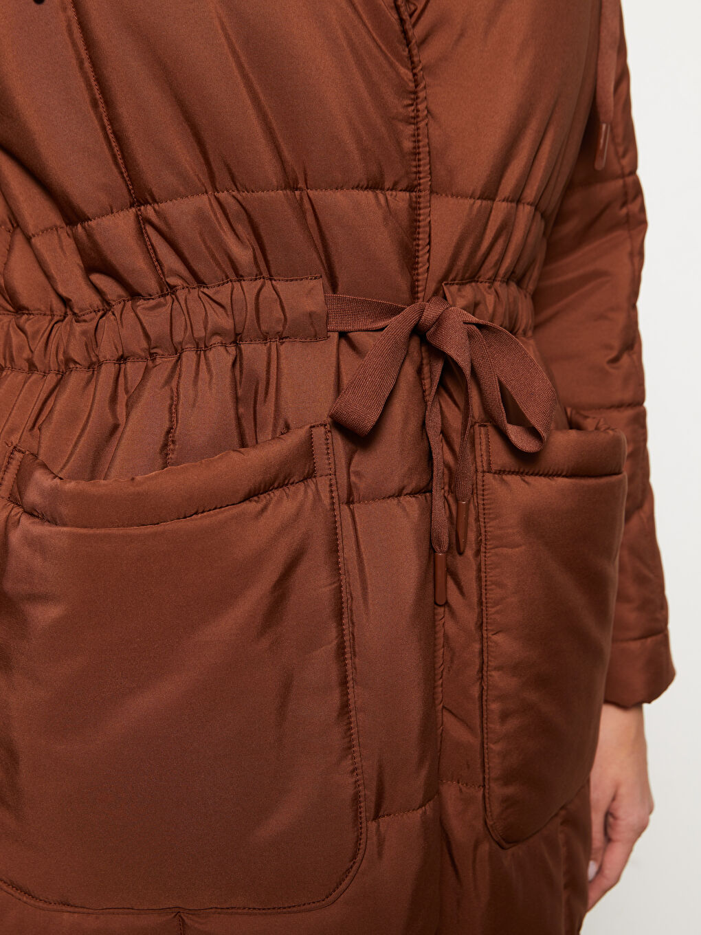 Kahverengi Kadın Kapüşonlu Düz Parka-3