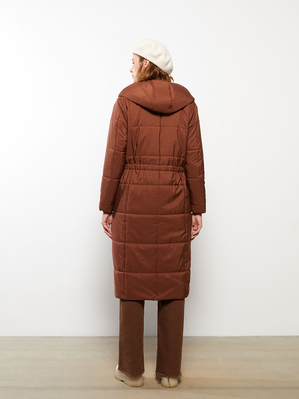 Kahverengi Kadın Kapüşonlu Düz Parka-5