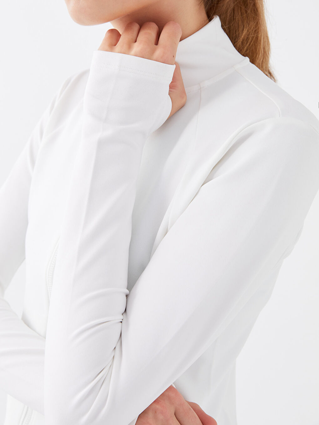 Ekru Dik Yaka Kadın Spor Hırka-3