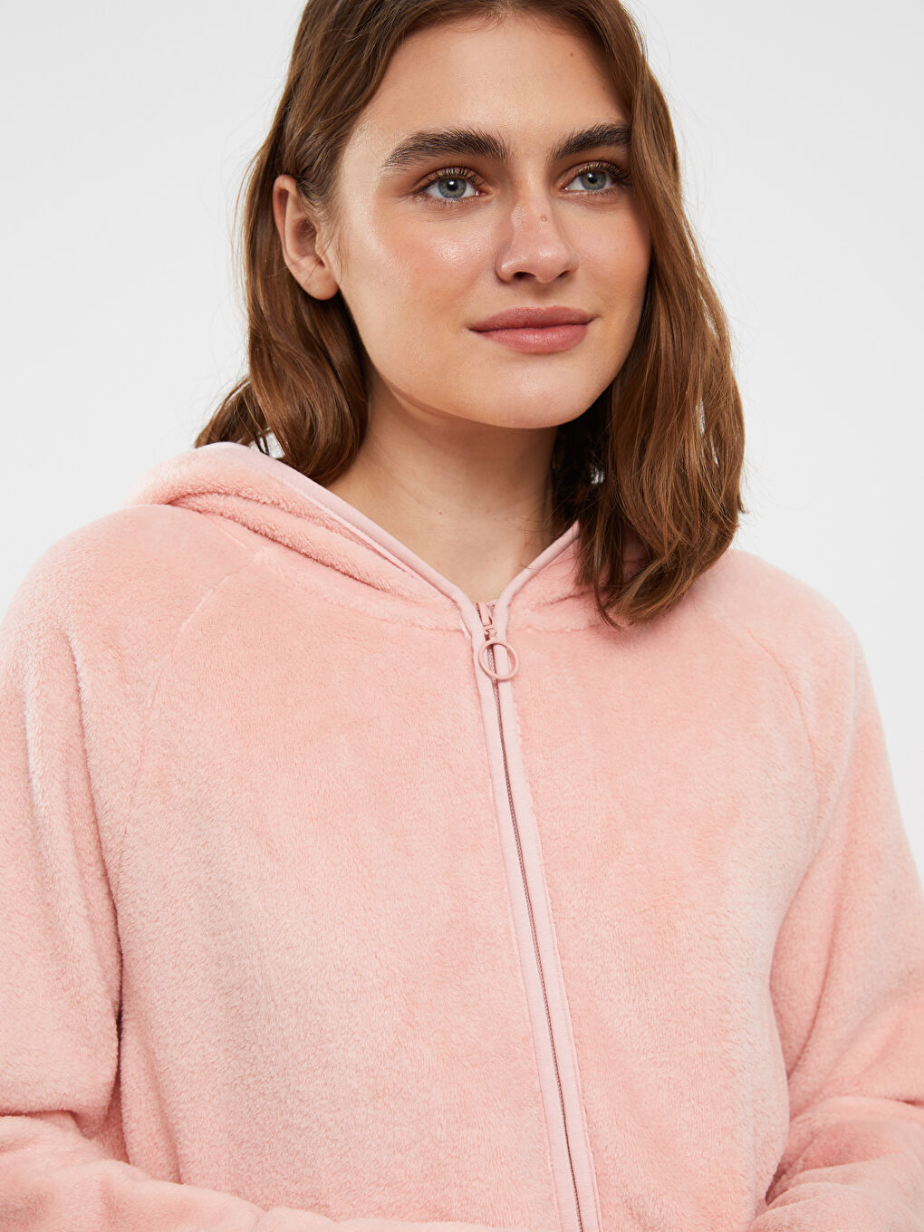 Pembe Kapüşonlu Düz Uzun Kollu Pelüş Kadın Pijama Üst
