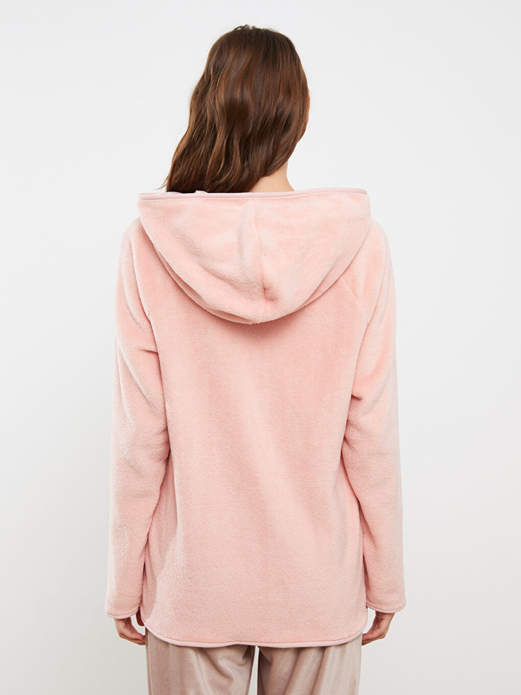 Pembe Kapüşonlu Düz Uzun Kollu Pelüş Kadın Pijama Üst-4