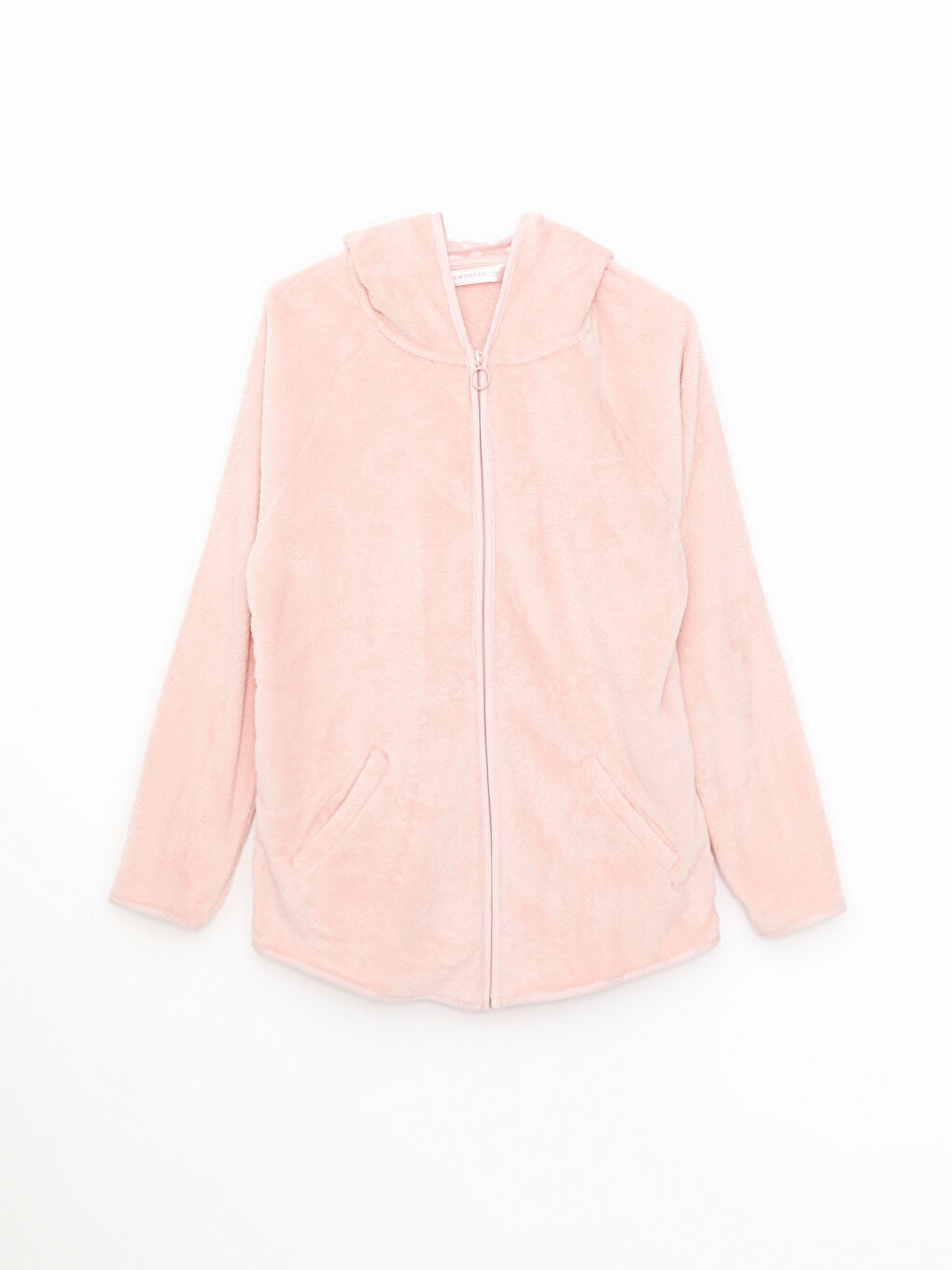 Pembe Kapüşonlu Düz Uzun Kollu Pelüş Kadın Pijama Üst-5