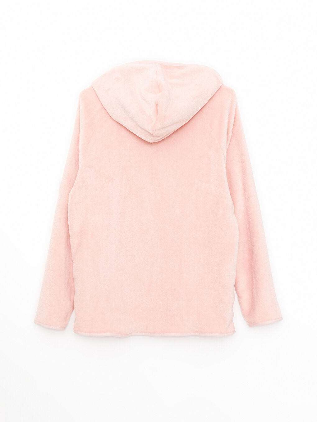 Pembe Kapüşonlu Düz Uzun Kollu Pelüş Kadın Pijama Üst-6