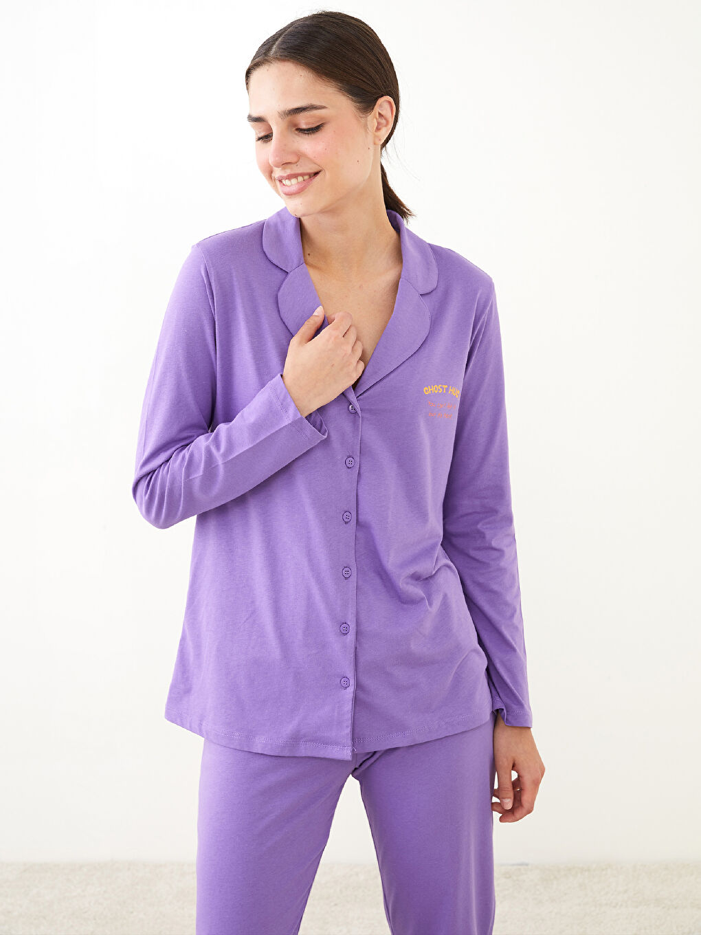 Shirt Neck Printed Long Sleeve Cotton Women's Pajama Set-1