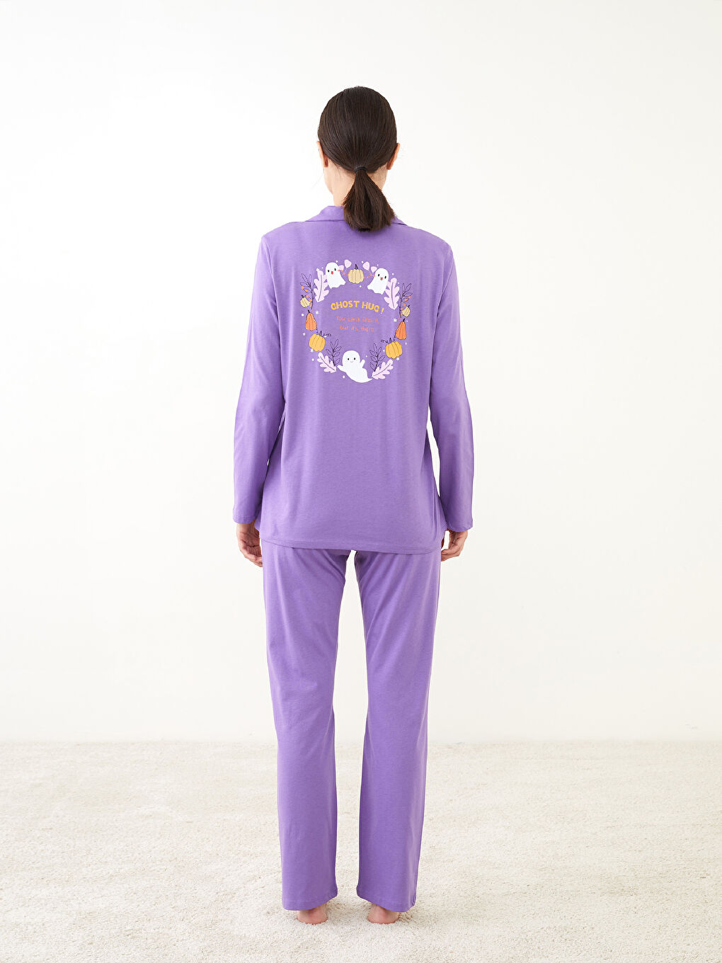 Shirt Neck Printed Long Sleeve Cotton Women's Pajama Set-4