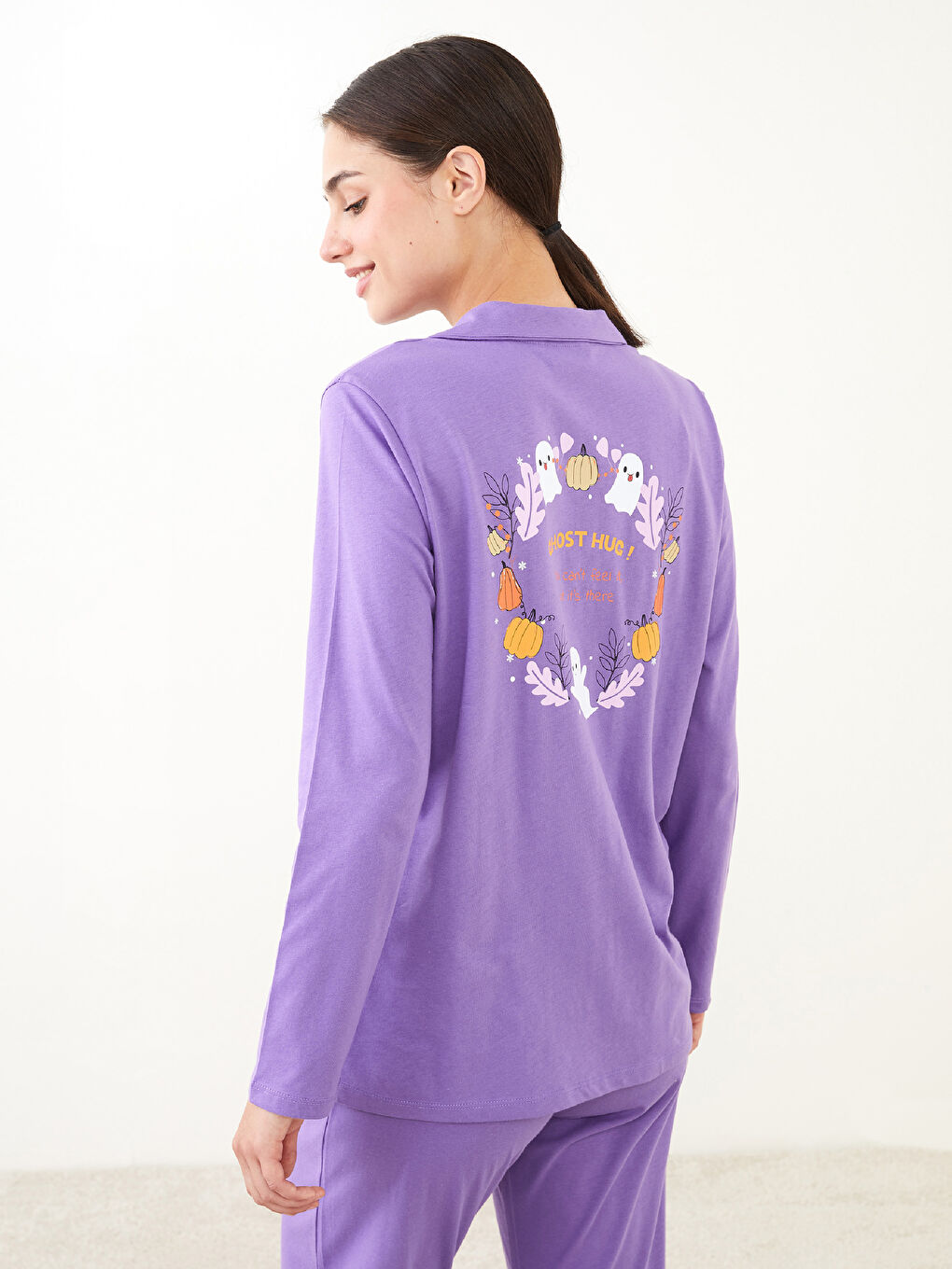 Shirt Neck Printed Long Sleeve Cotton Women's Pajama Set