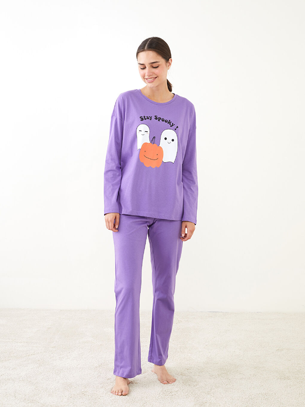 LCW Young Crew Neck Printed Long Sleeve Cotton Women's Pajama Set -W2BC64Z8-KZW