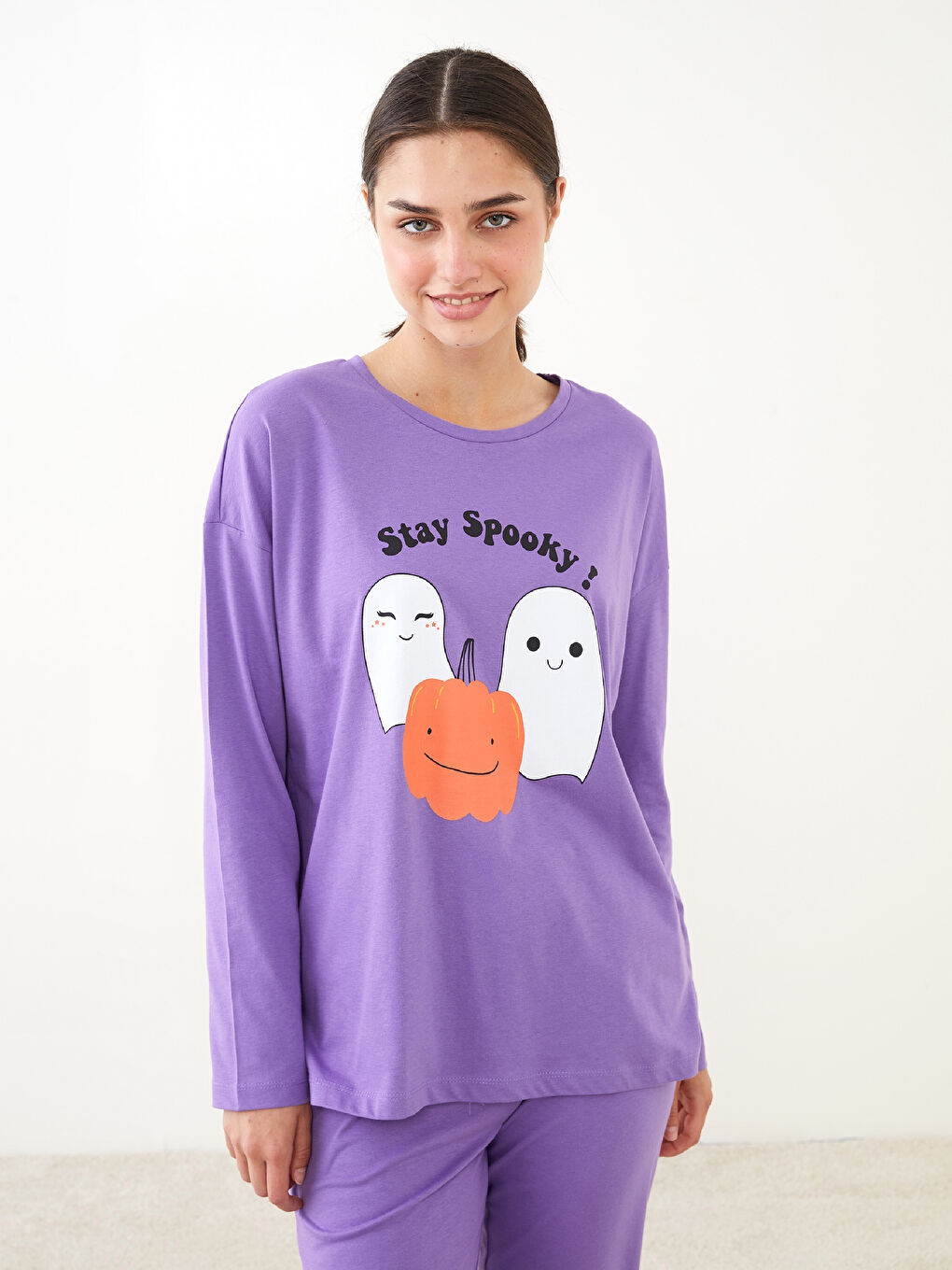 LCW Young Crew Neck Printed Long Sleeve Cotton Women's Pajama Set -W2BC64Z8-KZW