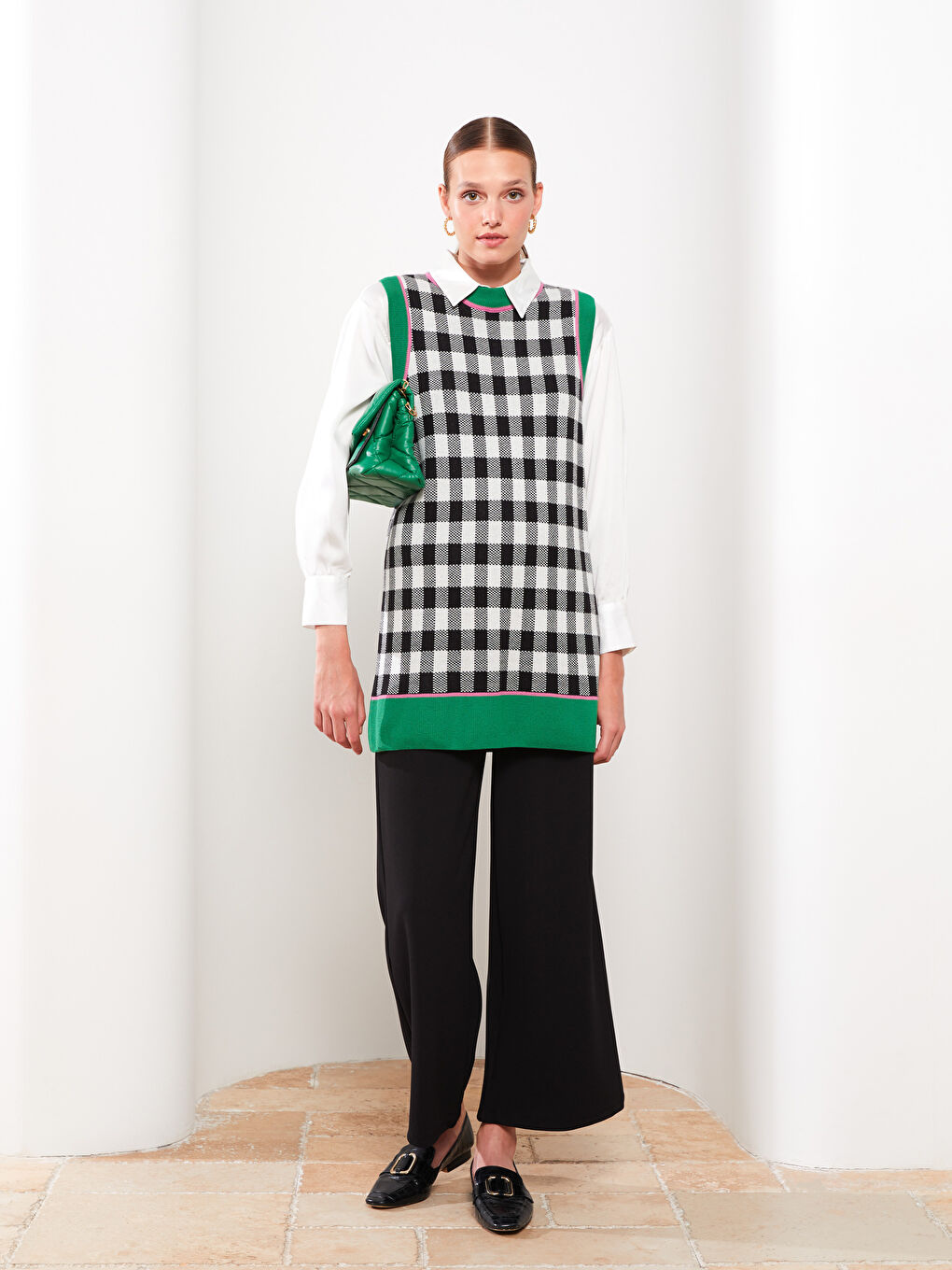 Yeşil Bisiklet Yaka Ekose Kadın Triko Süveter