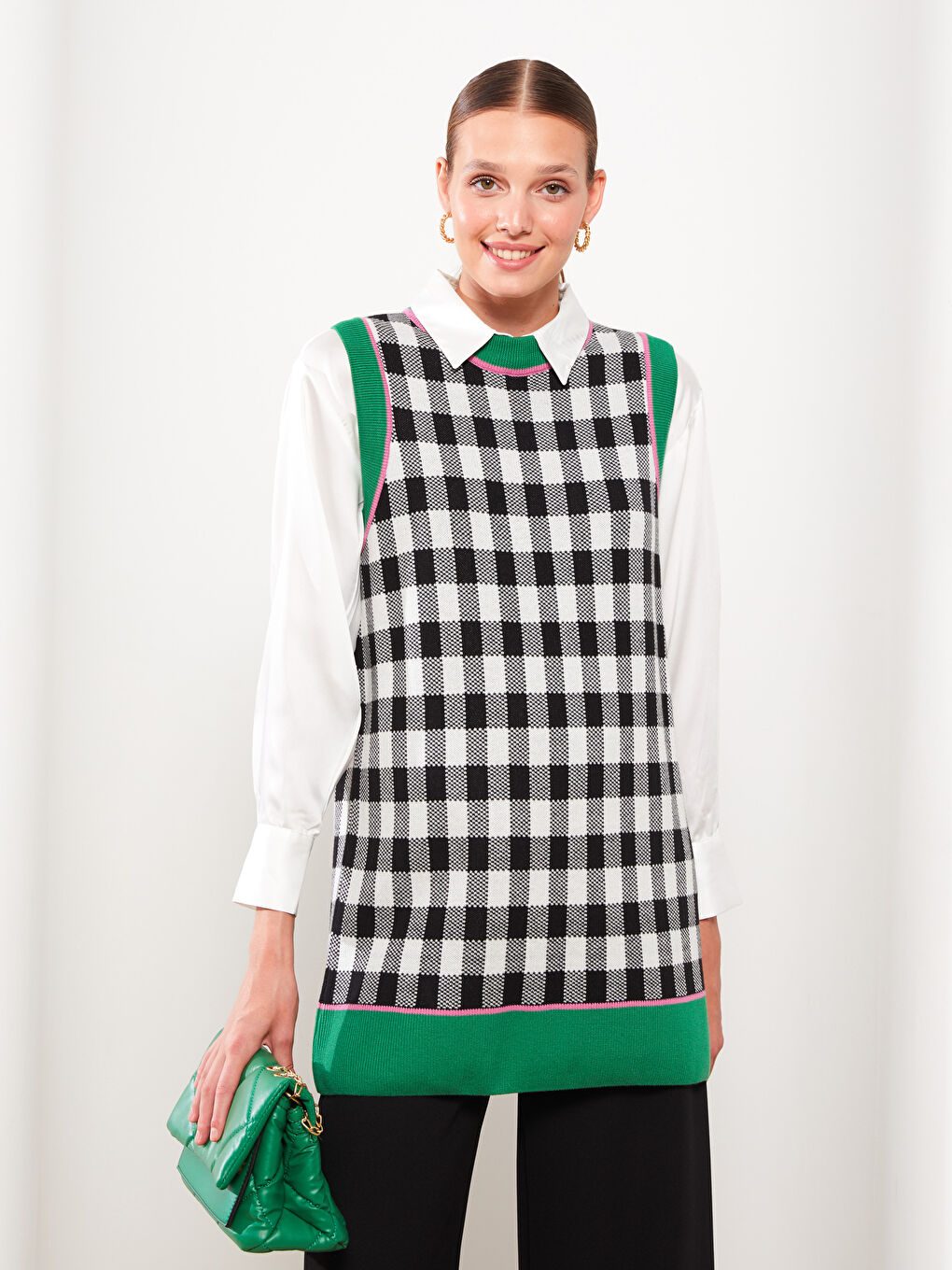 Yeşil Bisiklet Yaka Ekose Kadın Triko Süveter-1