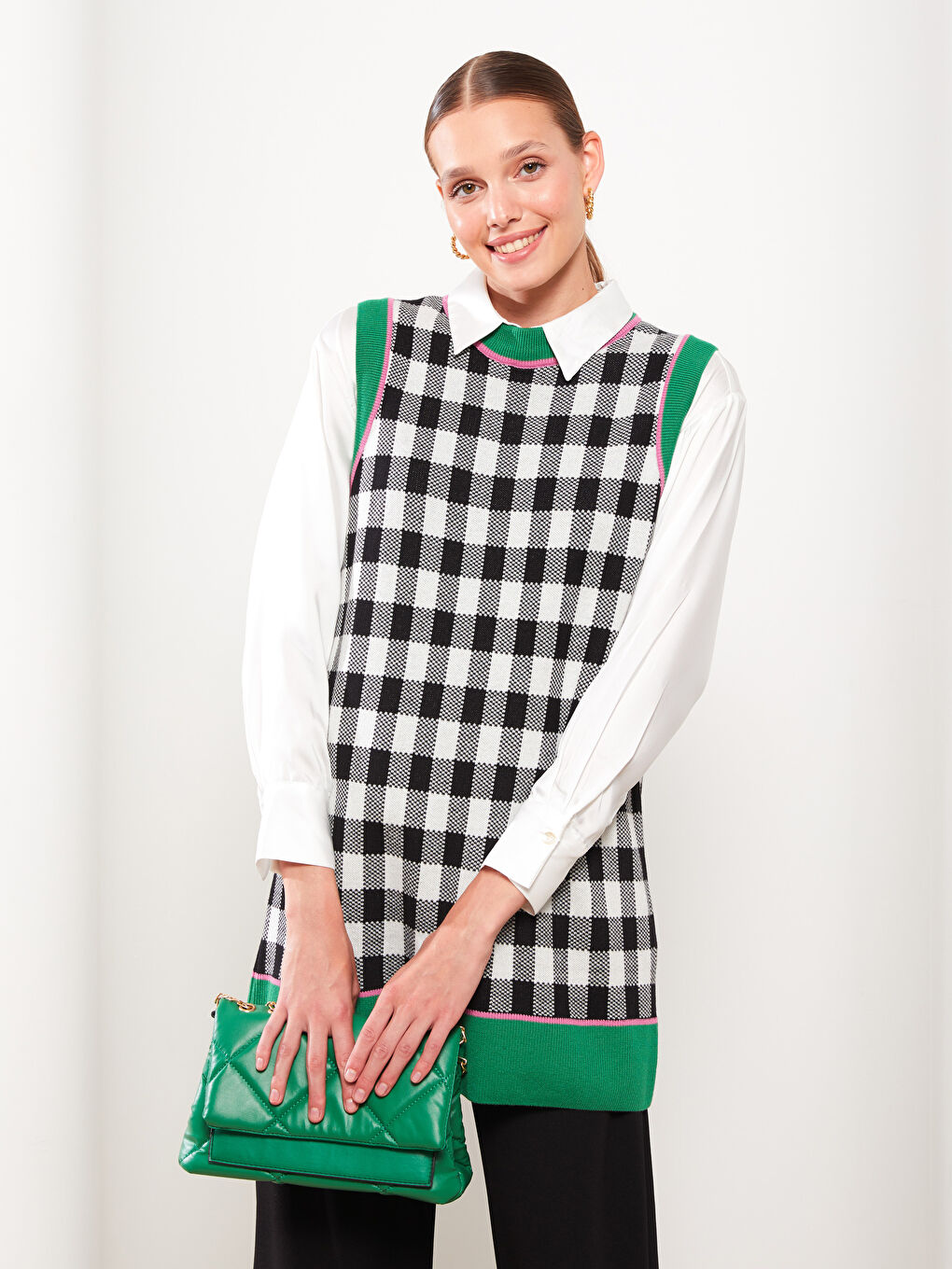 Yeşil Bisiklet Yaka Ekose Kadın Triko Süveter-2