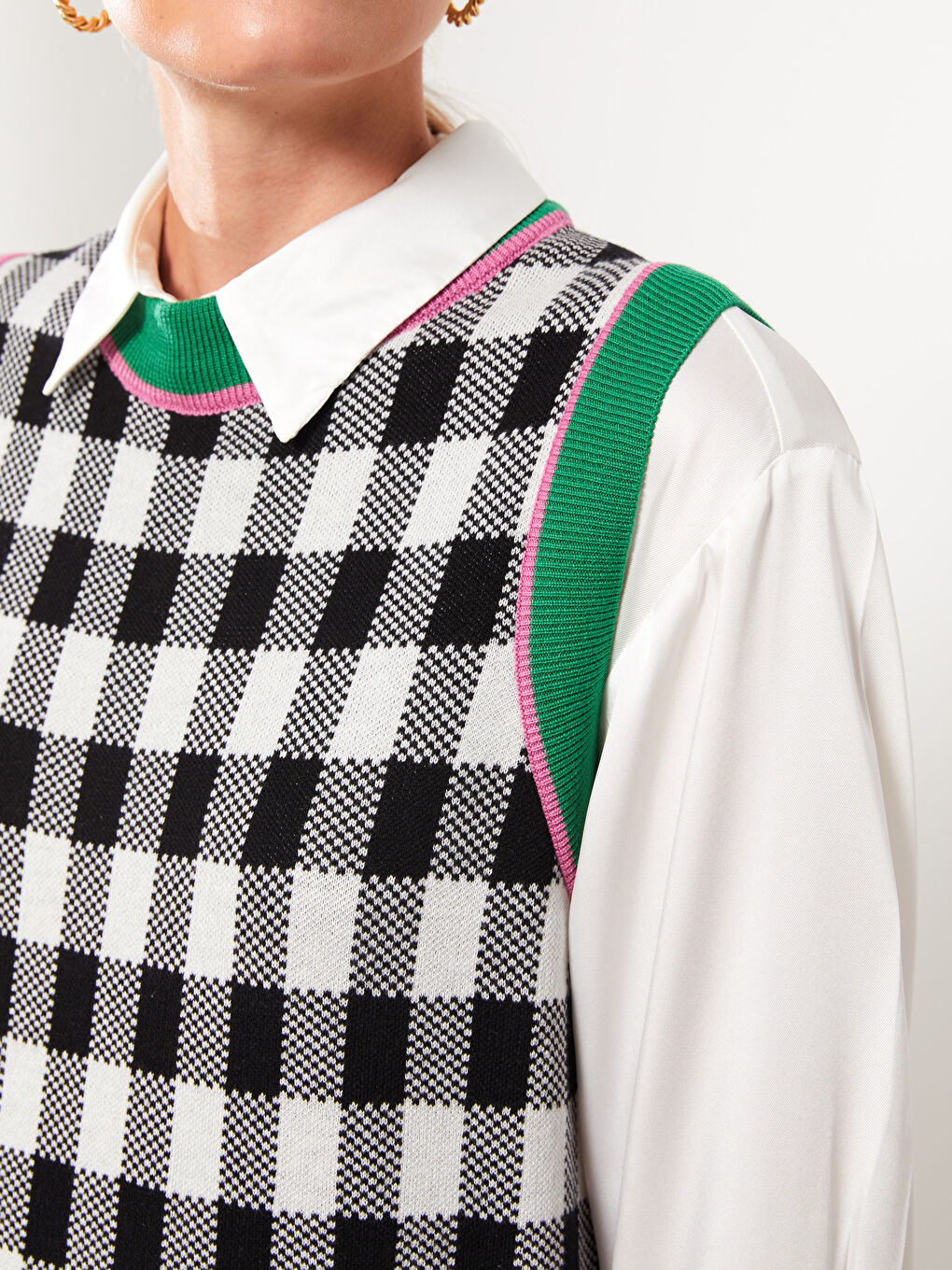 Yeşil Bisiklet Yaka Ekose Kadın Triko Süveter-3