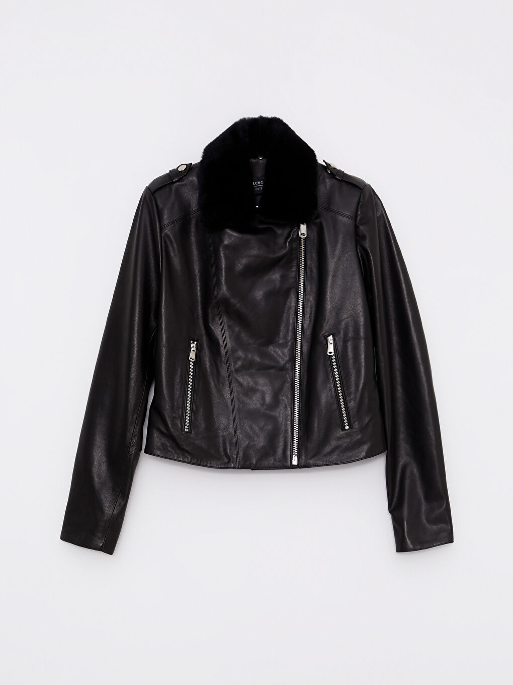 Siyah Biker Yaka Düz Fermuar Kapamalı Uzun Kollu Kadın Deri Mont-5