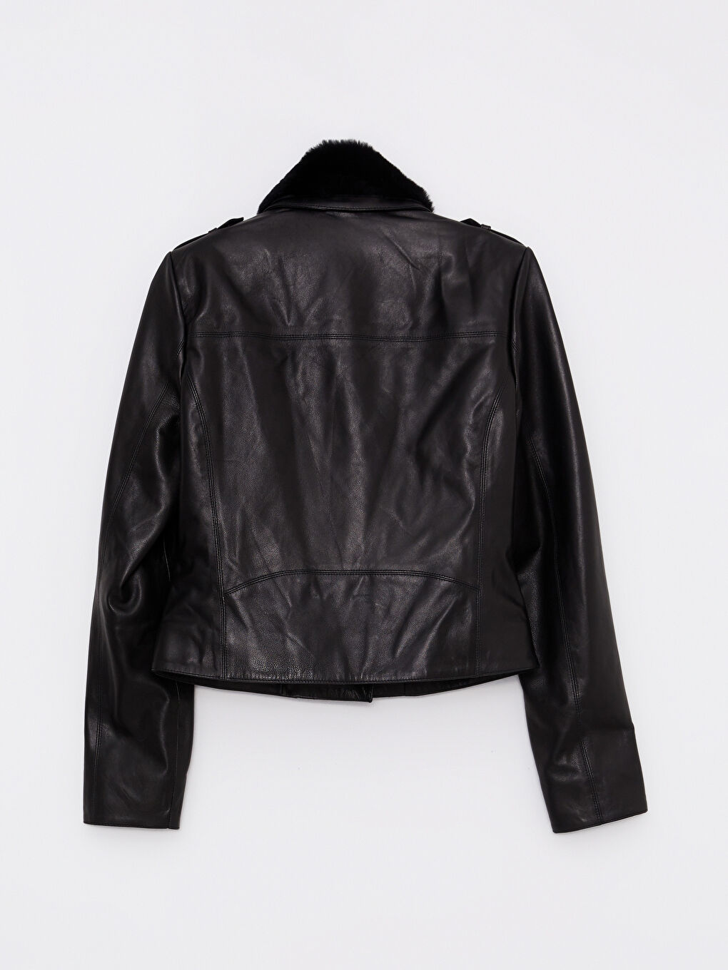 Siyah Biker Yaka Düz Fermuar Kapamalı Uzun Kollu Kadın Deri Mont-7