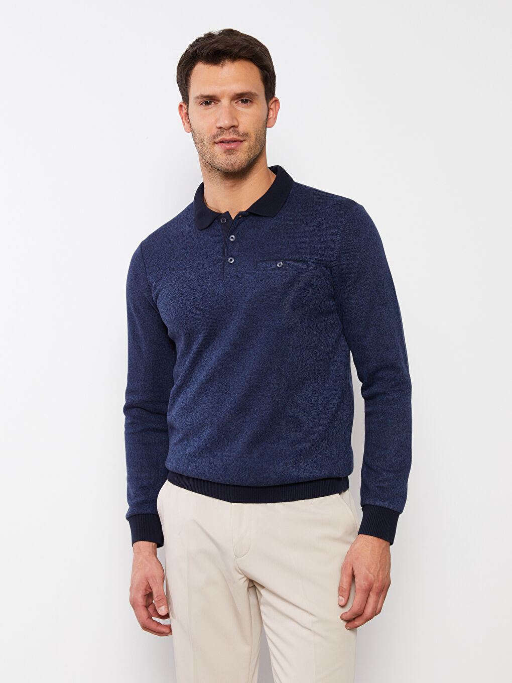 Mavi Polo Yaka Uzun Kollu Erkek Sweatshirt