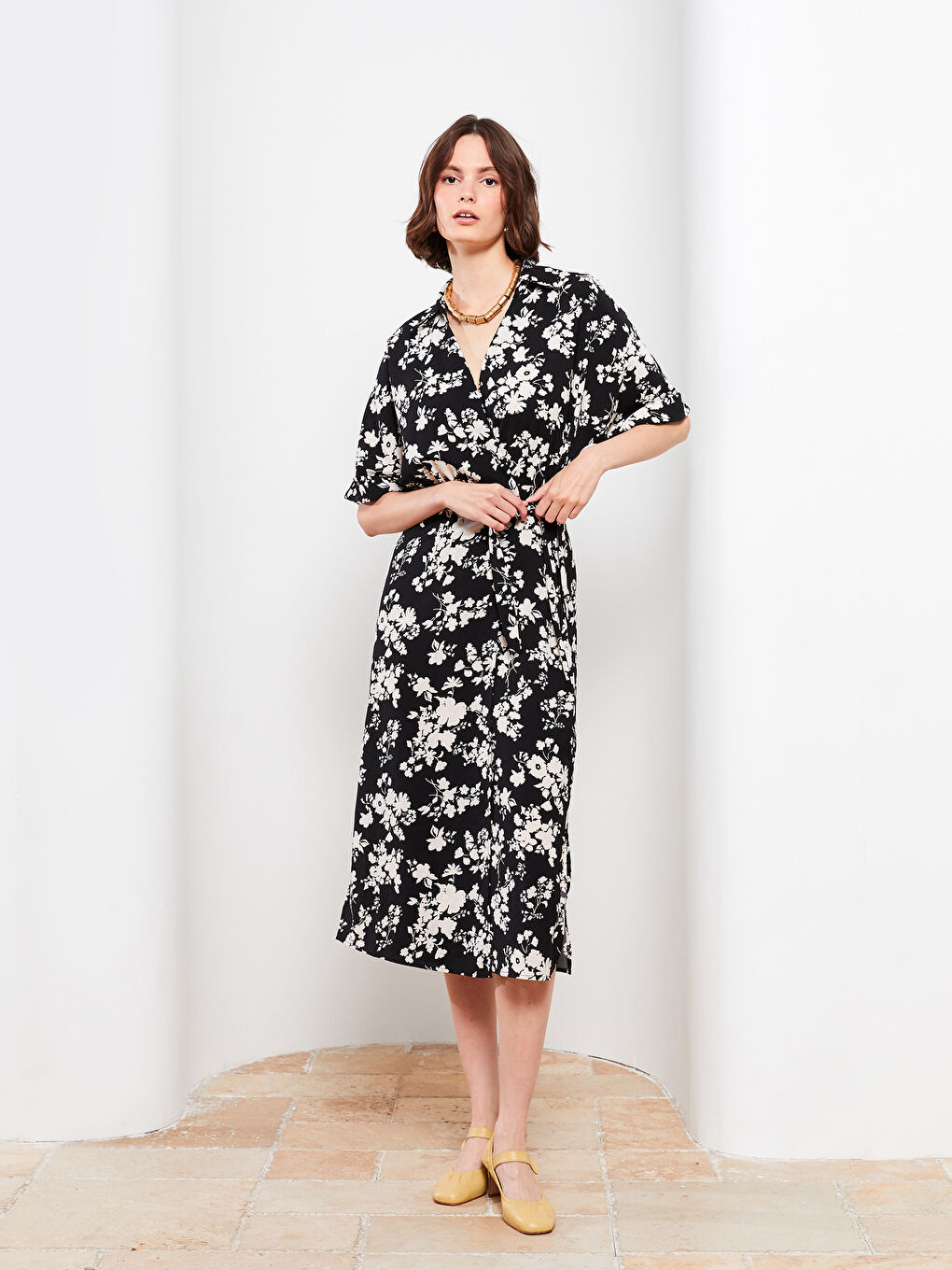 Double Breasted Collar Floral Short Sleeve Women's Shirt Dress