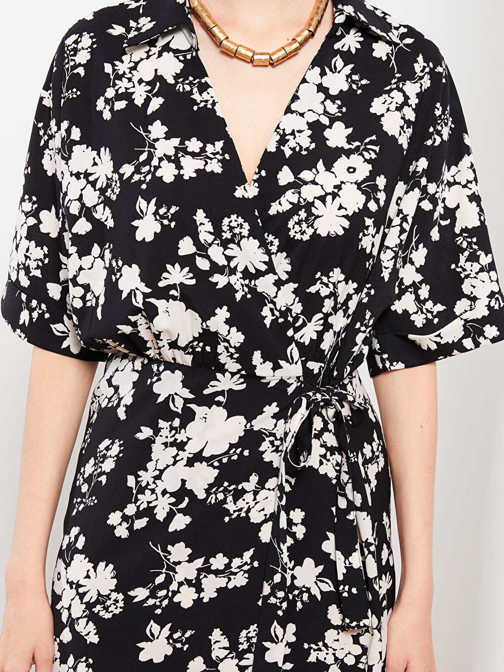 Double Breasted Collar Floral Short Sleeve Women's Shirt Dress-3