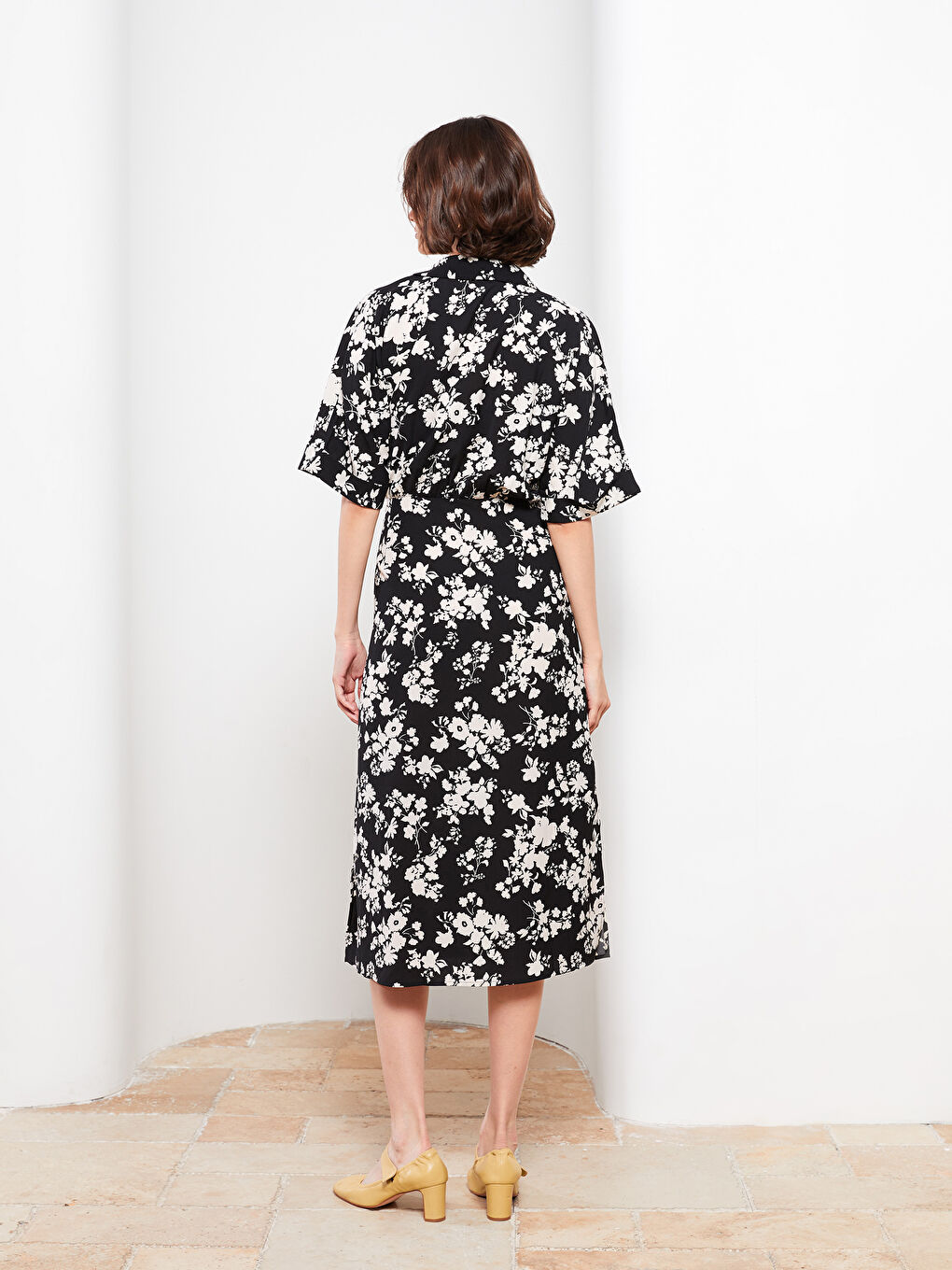 Double Breasted Collar Floral Short Sleeve Women's Shirt Dress-4