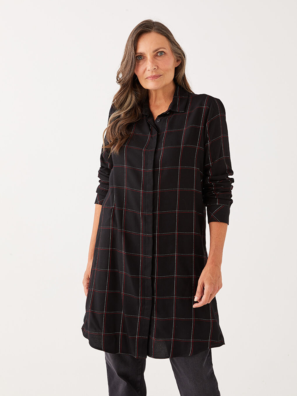 Plaid Long Sleeve Women's Shirt Tunic-1