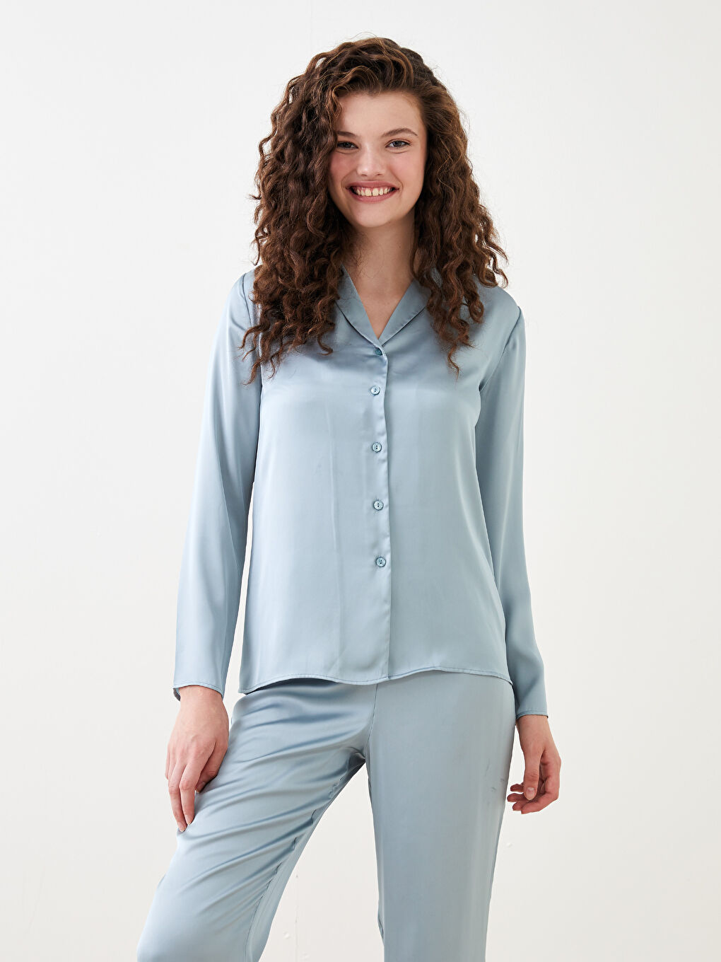 LCW DREAM V-Neck Plain Long Sleeve Satin Women's Pajamas Set -W2BD24Z8-GD2